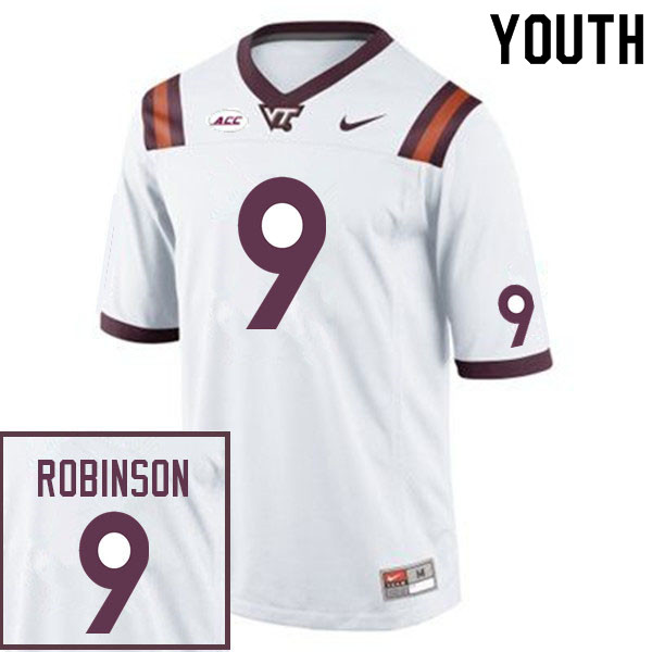 Youth #9 Tayvion Robinson Virginia Tech Hokies College Football Jerseys Sale-White - Click Image to Close